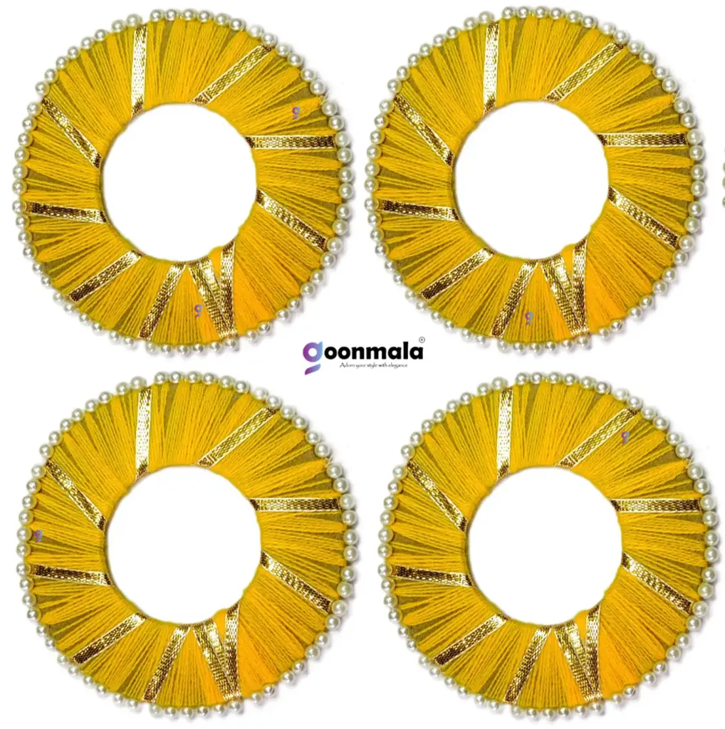 Donut shape with wool cotted and pearl bordered Rings for craft, Jhoomer, Wall Hangings, Yellow-4 inch, 6 Pieces