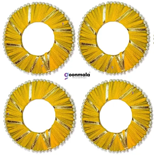 [Donut Wool Pearl Rings Yellow 4 inch-4pc] Donut shape with wool cotted and pearl bordered Rings for craft, Jhoomer, Wall Hangings, Yellow-4 inch, 6 Pieces